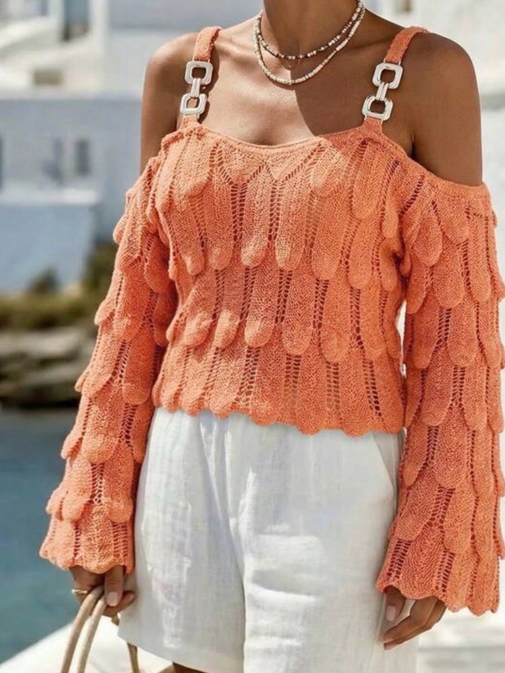 Women’s Open-Shoulder Knit Sweater in Coral
